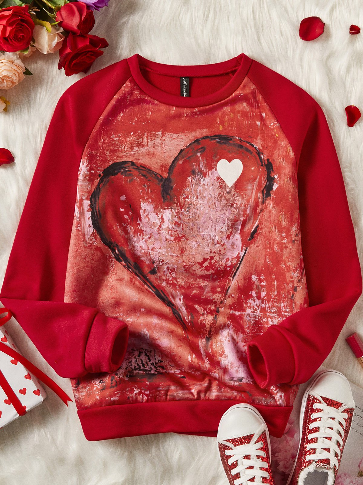 Women's Pullovers Casual Heart-shaped Color Block Long Sleeve Round Neck Pullovers Valentine's Day Gifts