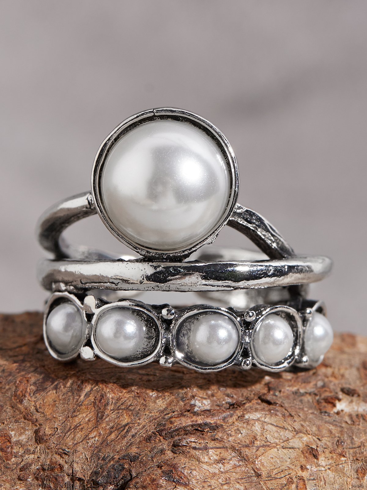 Vintage Silver Distressed Pearl Open Ring