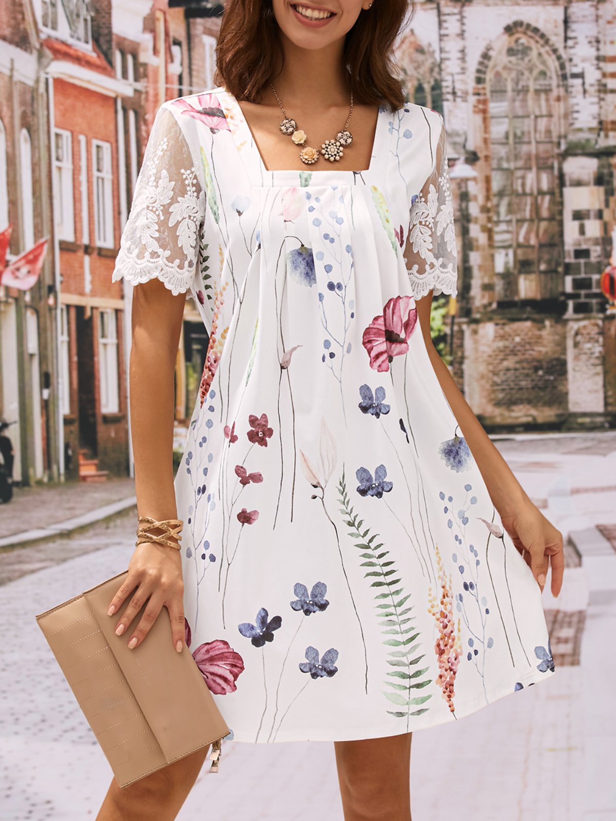 Square Neck Lace Casual Floral Loose Dress