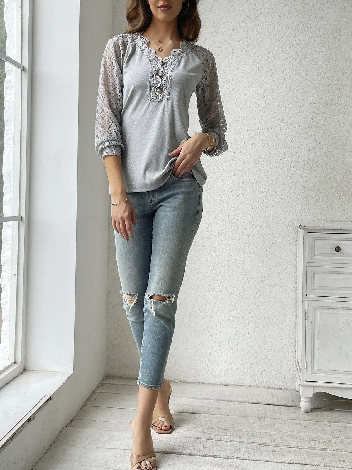 V Neck Casual Plain Lace Bukle T-Shirt