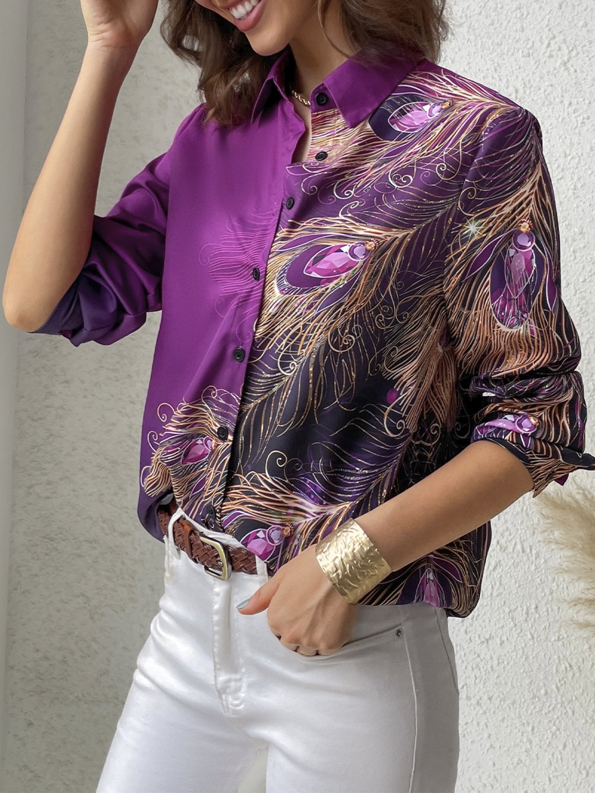 Casual Shirt Collar Feather Pattern Blouse
