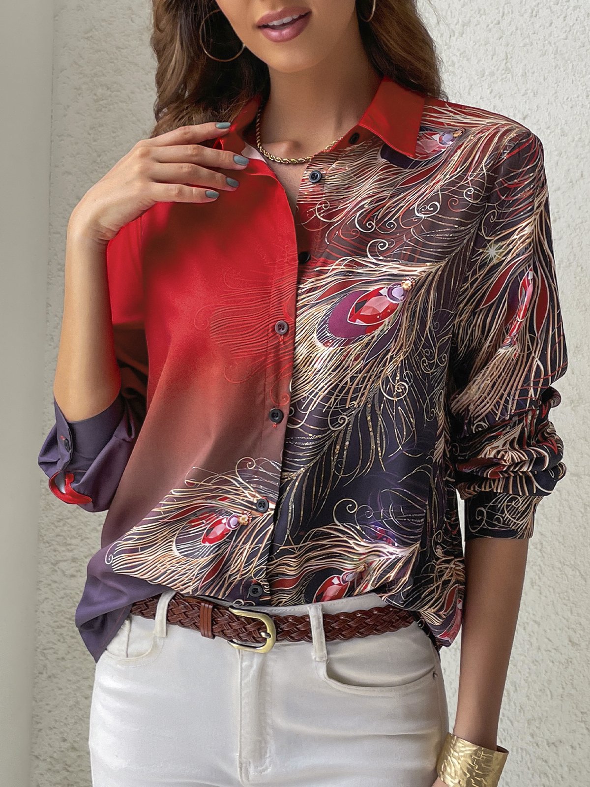 Casual Shirt Collar Feather Pattern Blouse