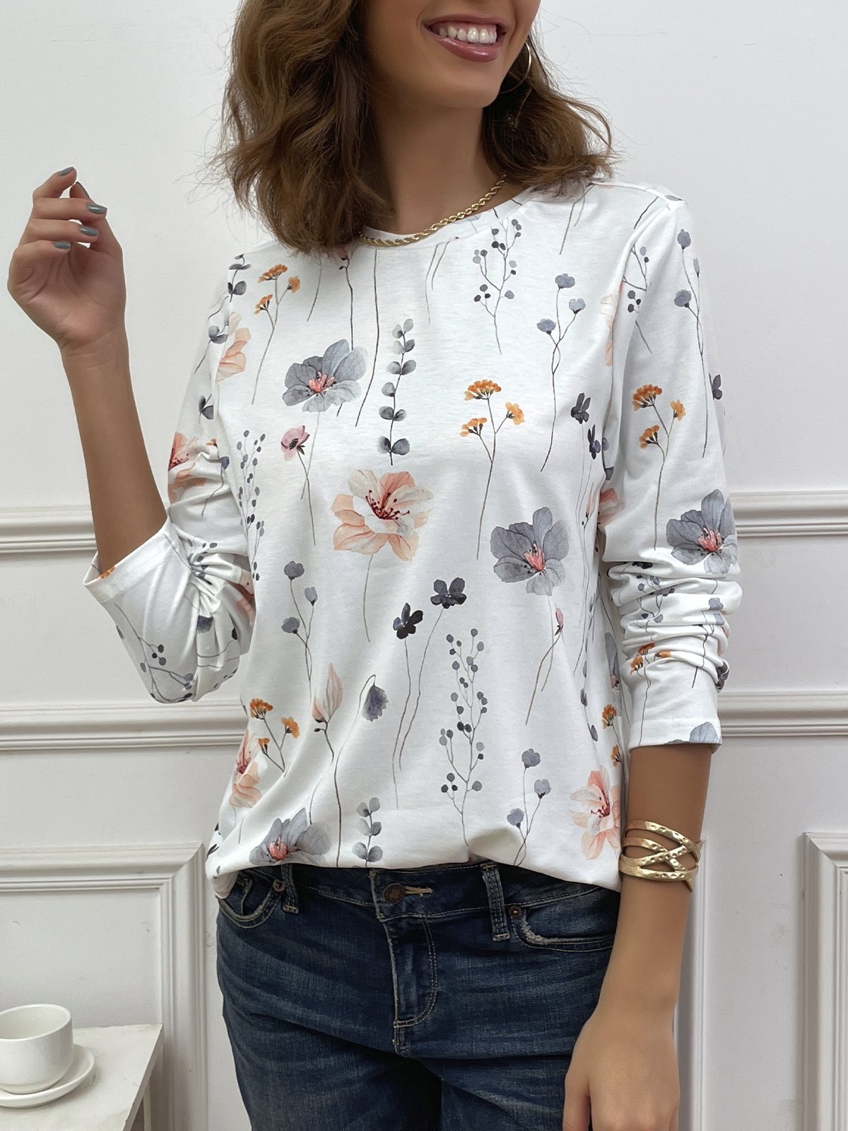 Women's Floral T-Shirt Country Casual Crewneck Knit Long Sleeve Tops