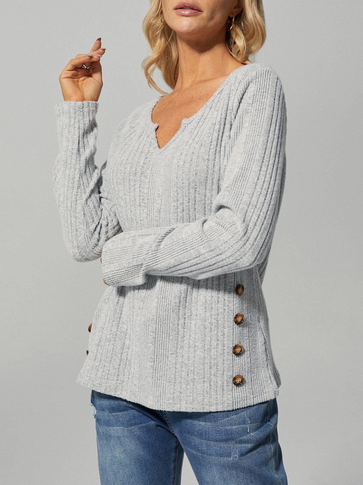 Women's Plain Buttons Plain Casual Long Sleeve T-Shirt