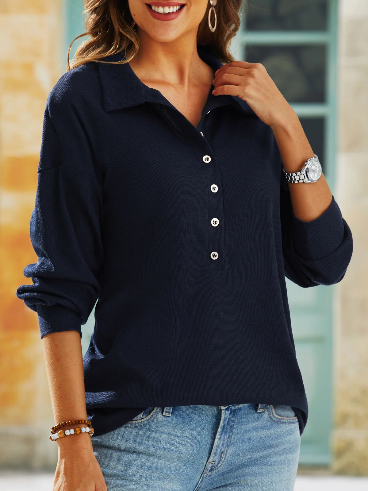 Women's Navy Button Front Long Sleeve Henley T-Shirt