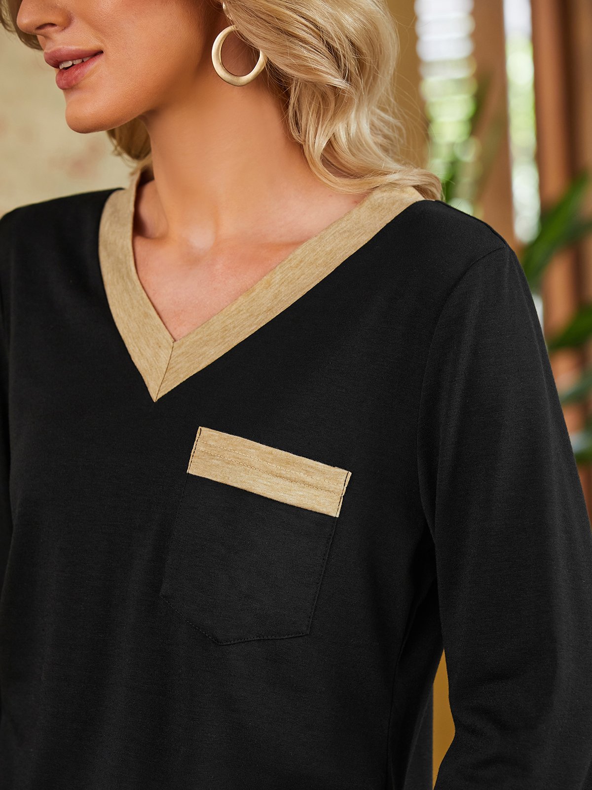 Casual Color Block Autumn Spandex Regular Fit Long sleeve Regular H-Line Regular T-shirt for Women