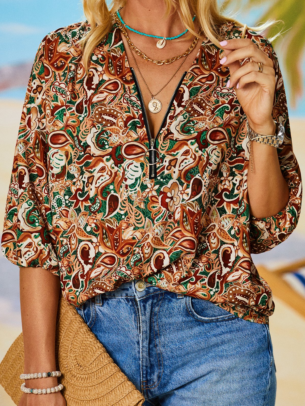 Casual Cotton Blends Paisley  Short sleeve Top