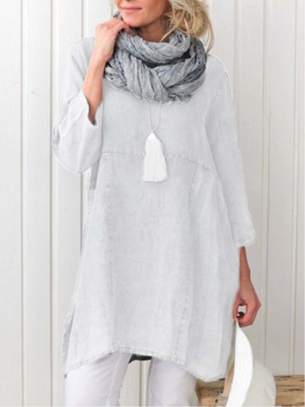 Women's Casual Plain Long Sleeve Linen Dress