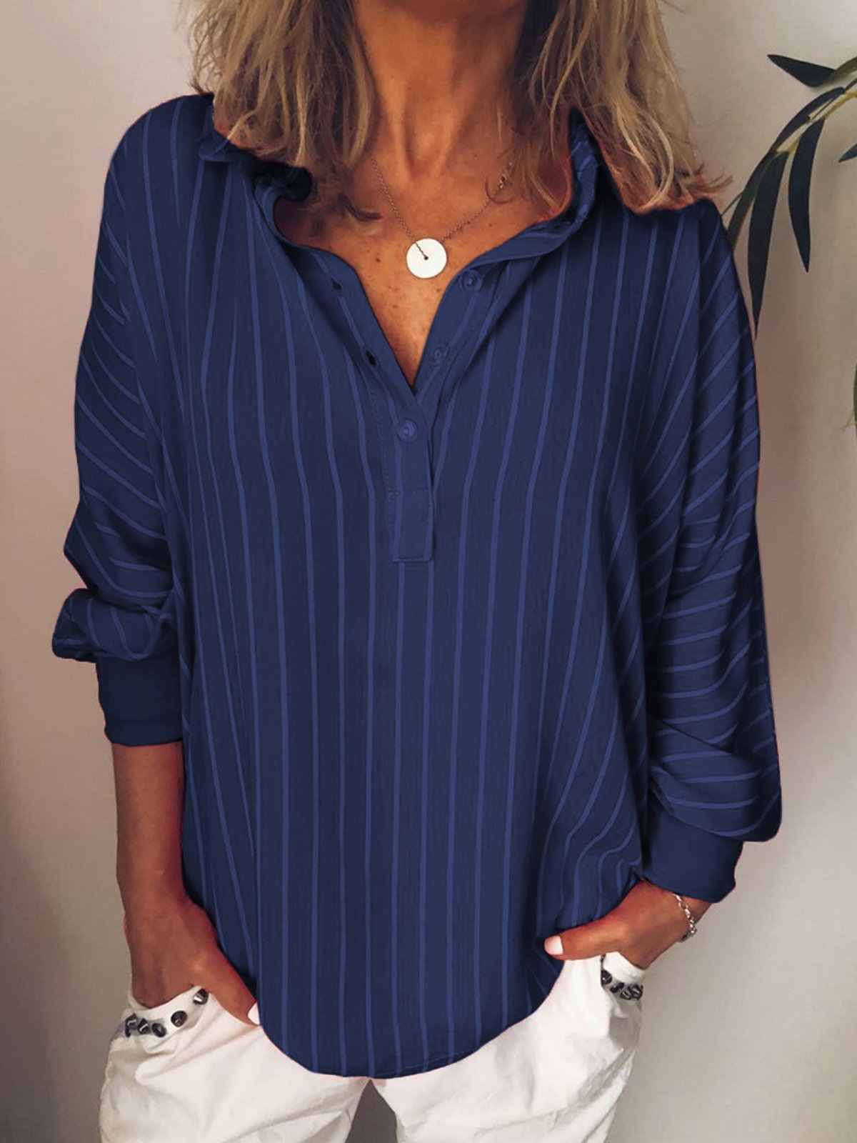Women Stripes V Neck Casual Long Sleeve Blouses | anniecloth