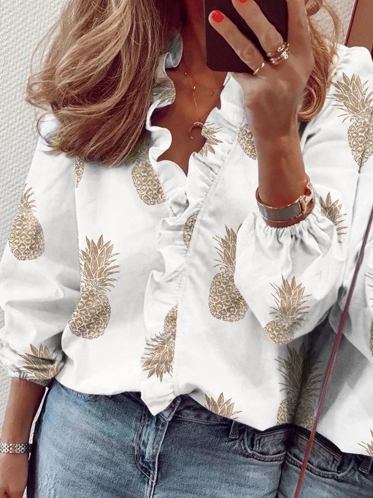 Casual Ruffled V neck Long Sleeve Top