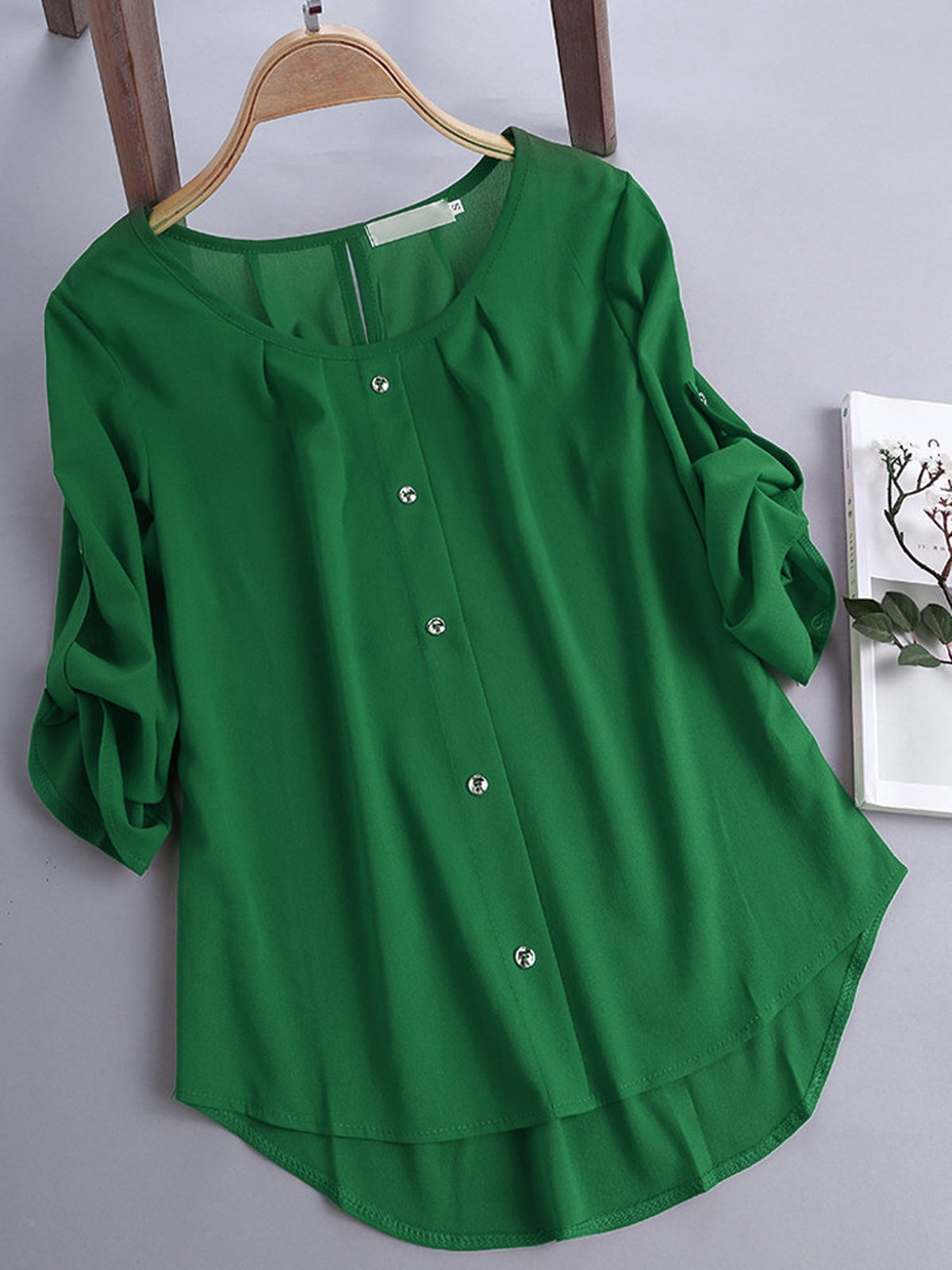 3 4 Sleeve Solid Casual Crew Neck Women Blouse