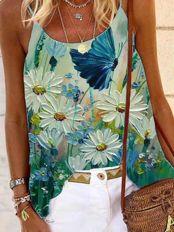 Floral-print Sleeveless Cotton-Blend Casual Tops