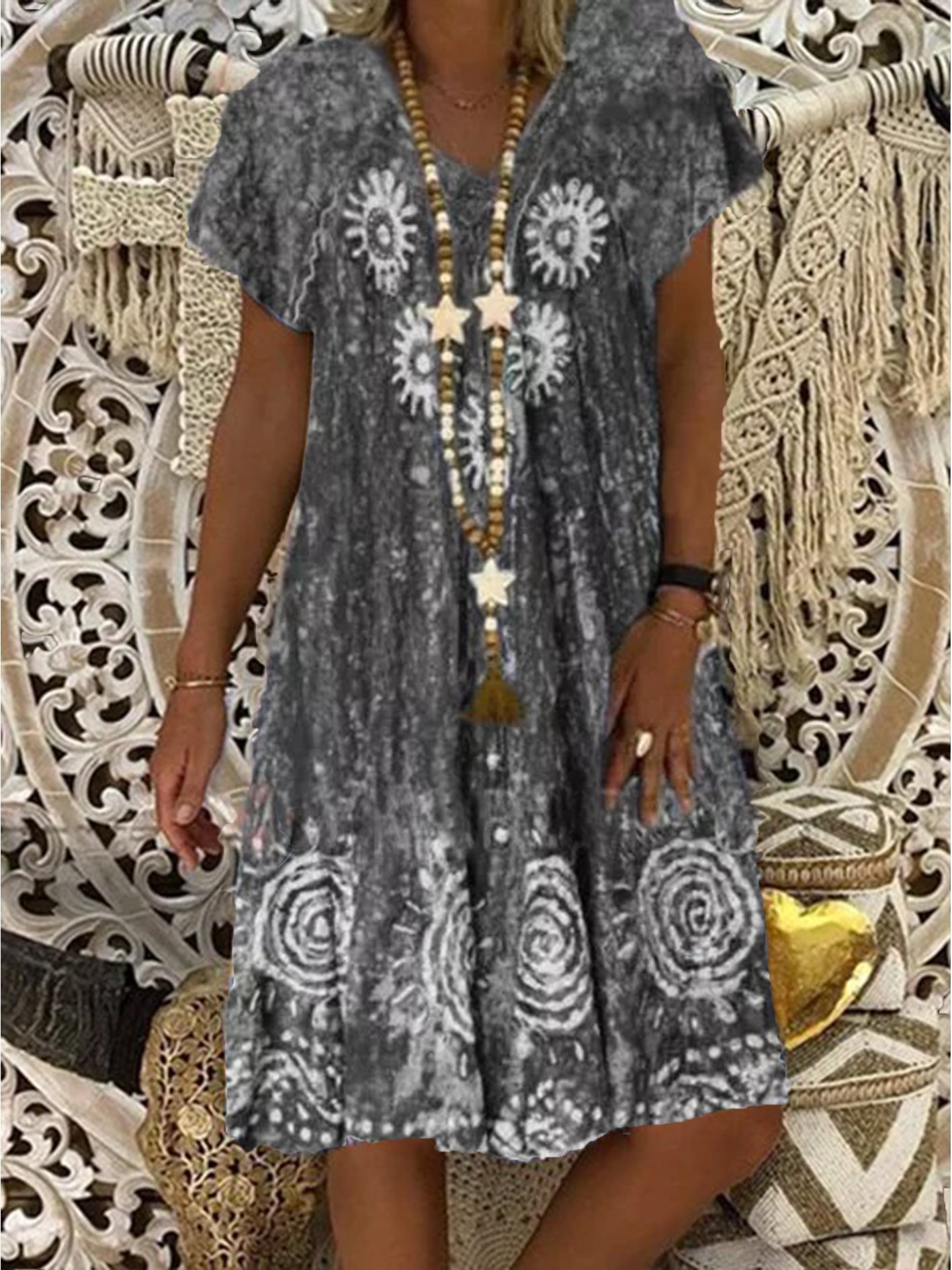 Women's Midi Dress Vintage Dress Holiday V Neck Weaving Dress | anniecloth