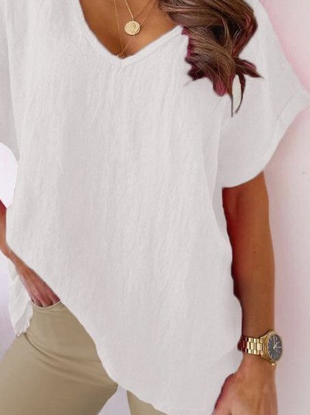 Casual Short Sleeve Cotton-Blend V Neck Shirt & Top