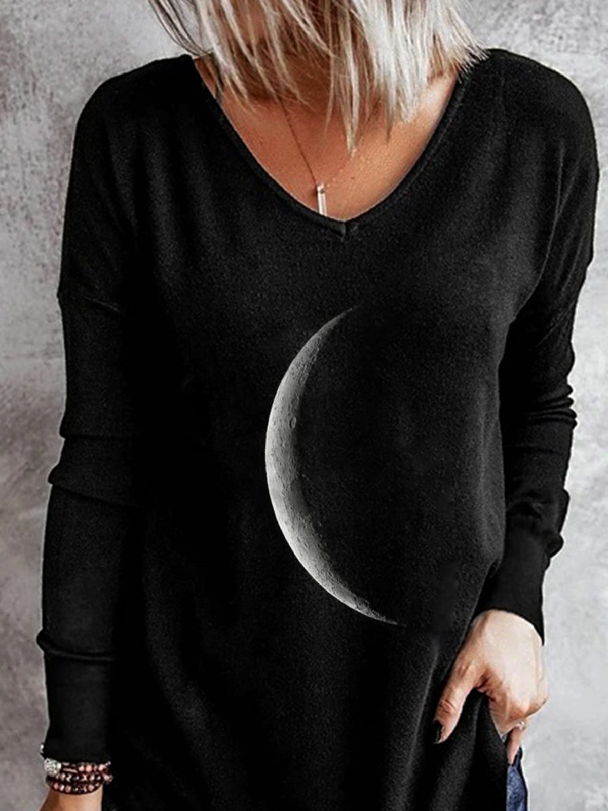 Moon Printed V Neck Casual Long Sleeve Shift Top