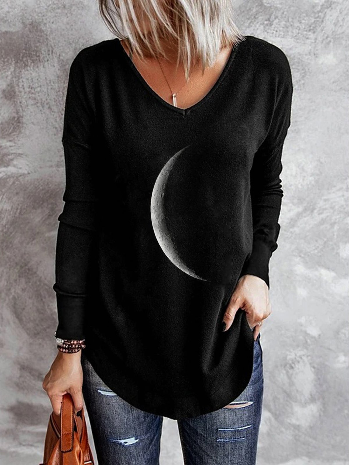 Moon Printed V Neck Casual Long Sleeve Shift Top