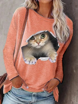 Casual Cute Cat Pattern Crew Neck Shift Long Sleeve Shirt & Top