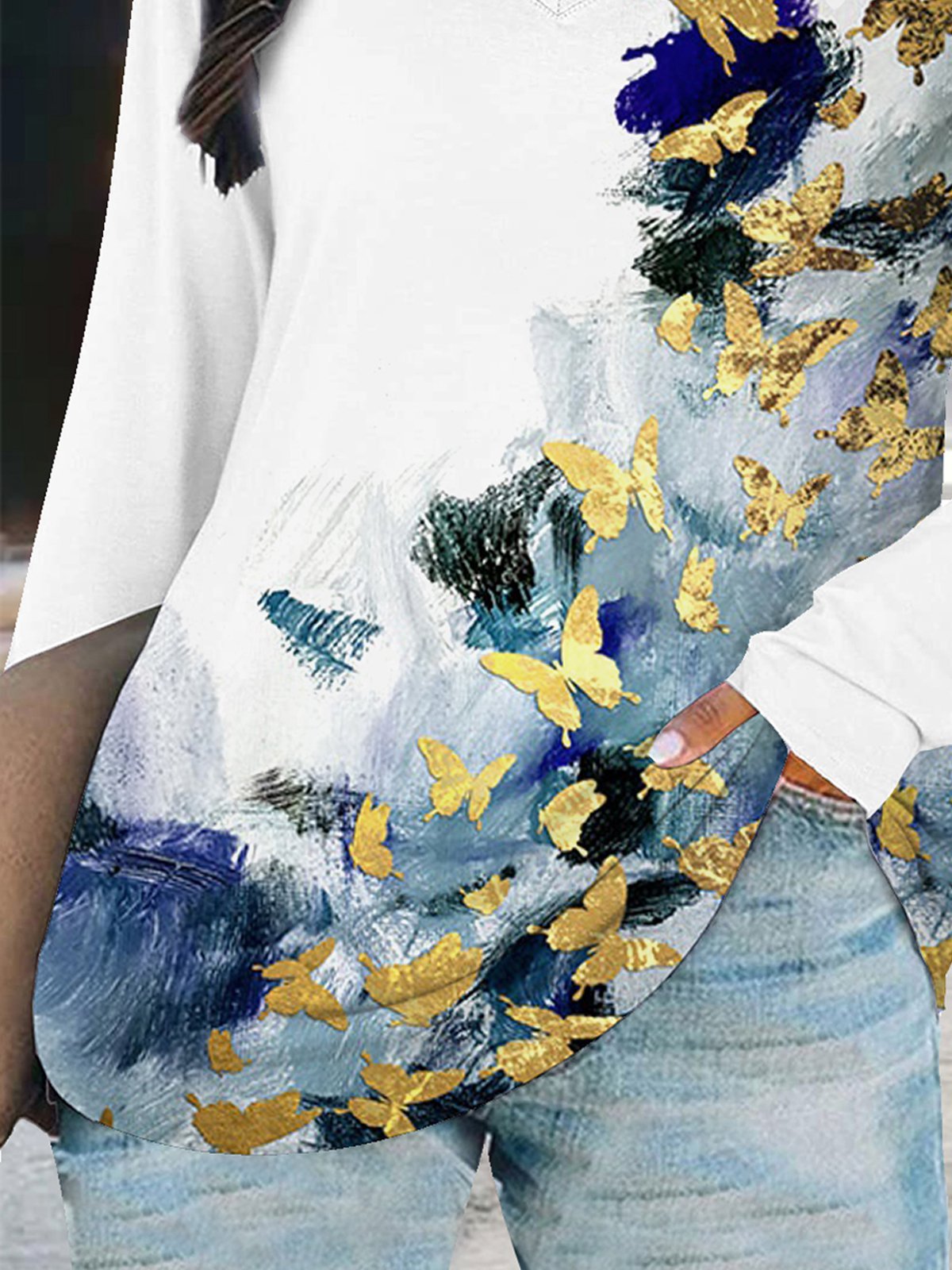 Casual Butterfly Floral-Print Cotton-Blend T-shirt