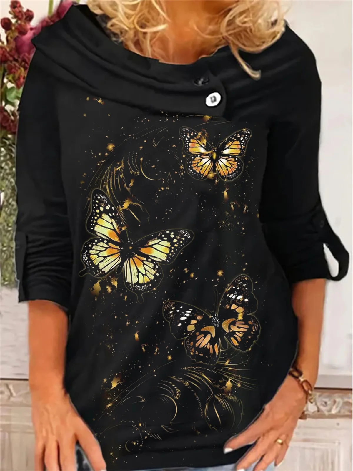 Butterfly Printed  Long Sleeve Round Neck Casual T-T-shirt