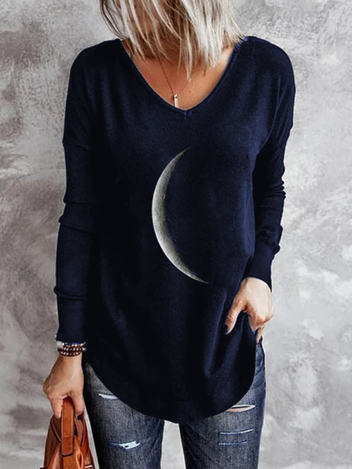 Moon Printed V Neck Casual Long Sleeve Shift Top