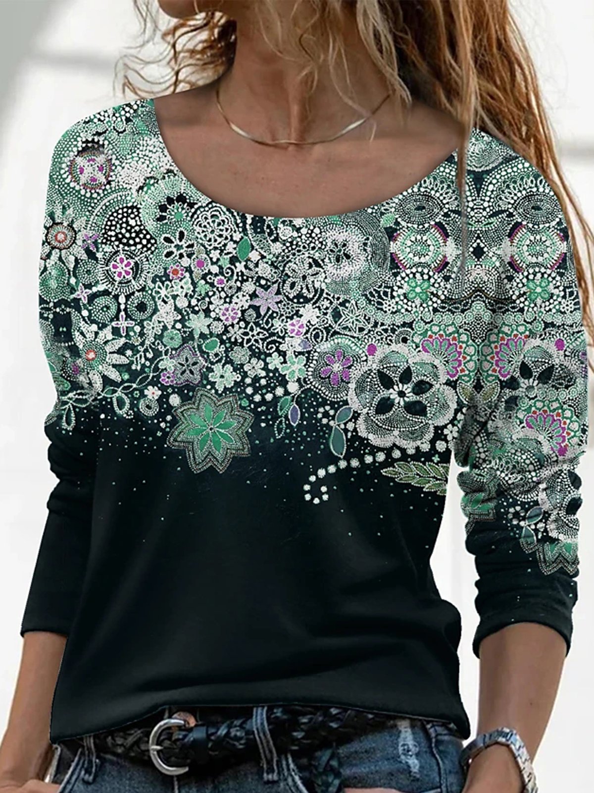 Casual Floral Print Long Sleeve Round Neck Shirt & Top