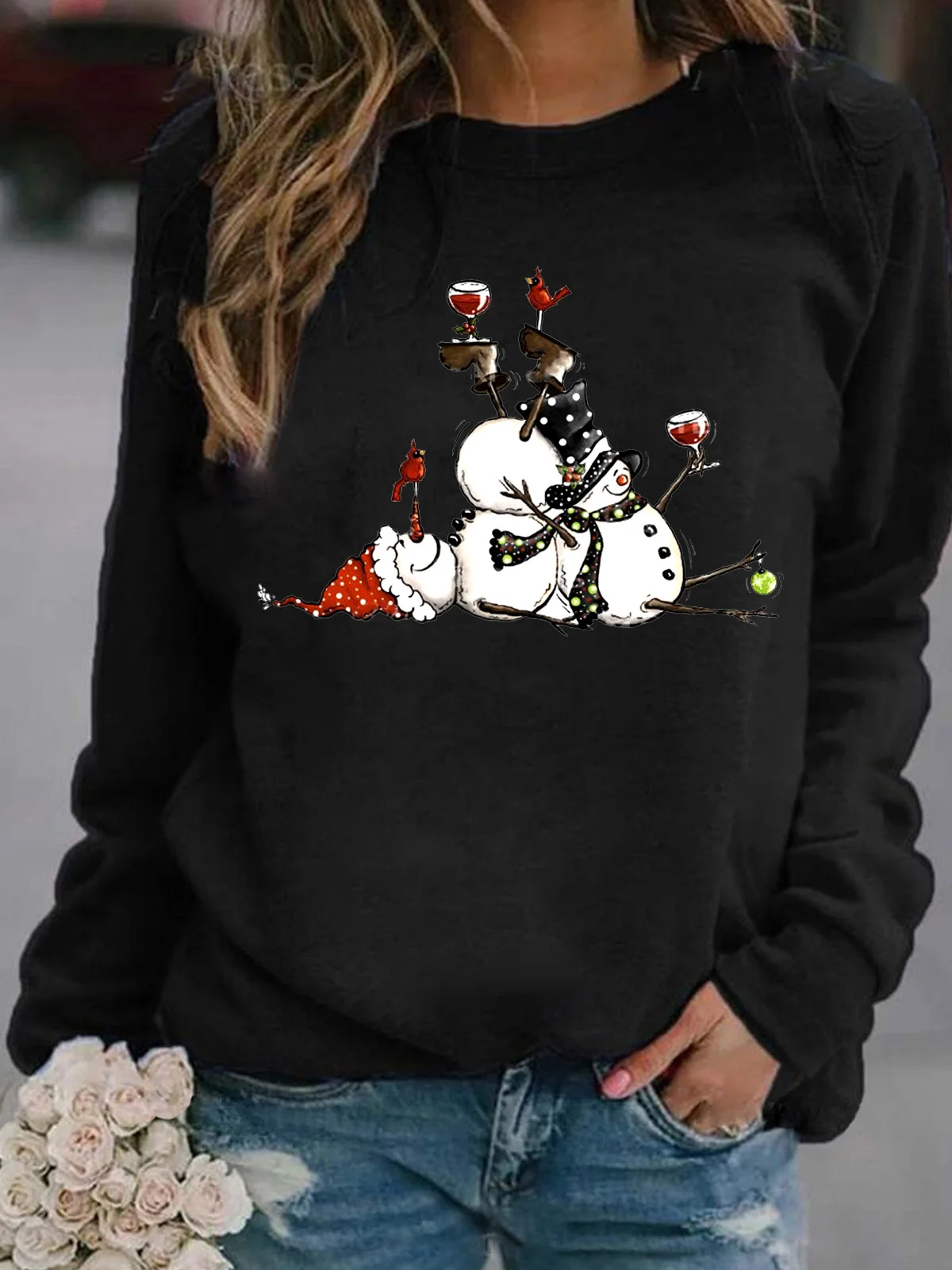 Snowman Xmas Chrismas Wine Scarf Hat Gift Regular Fit Sweatshirt