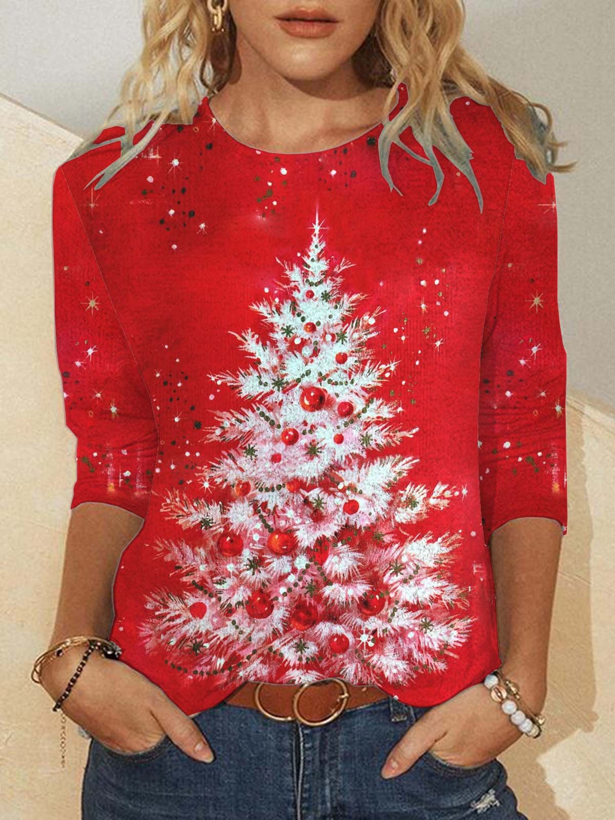 White Christmas Tree On Red Casual Crew Neck Top