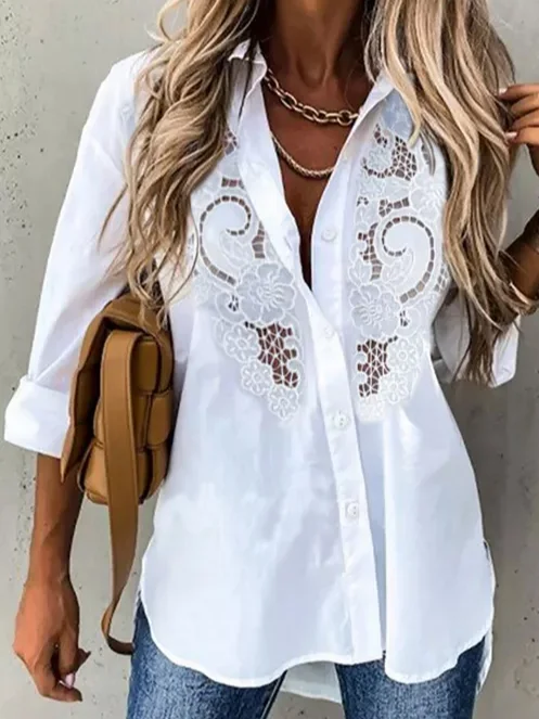 Lace Shirt Collar Casual Blouse