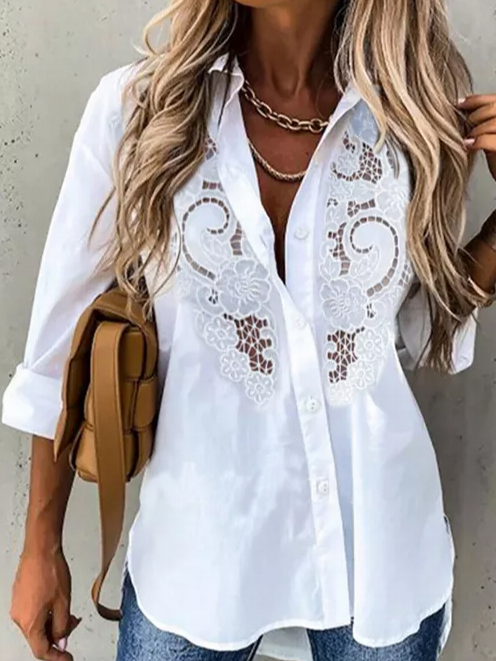 Lace Shirt Collar Casual Blouse