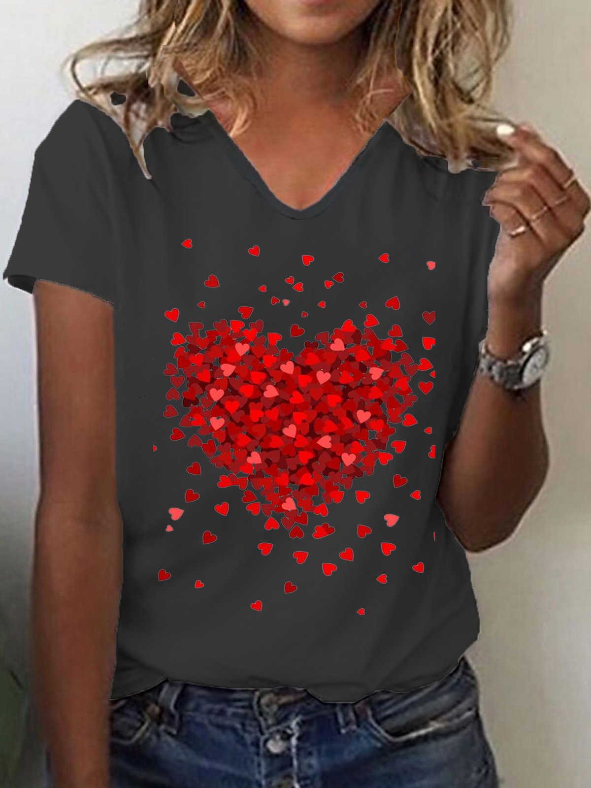 Women's Heart Print T-Shirt Tee For Valentine's Day Gifts V Neck Casual Short Sleeve Top Spring & Summer White Black Blue