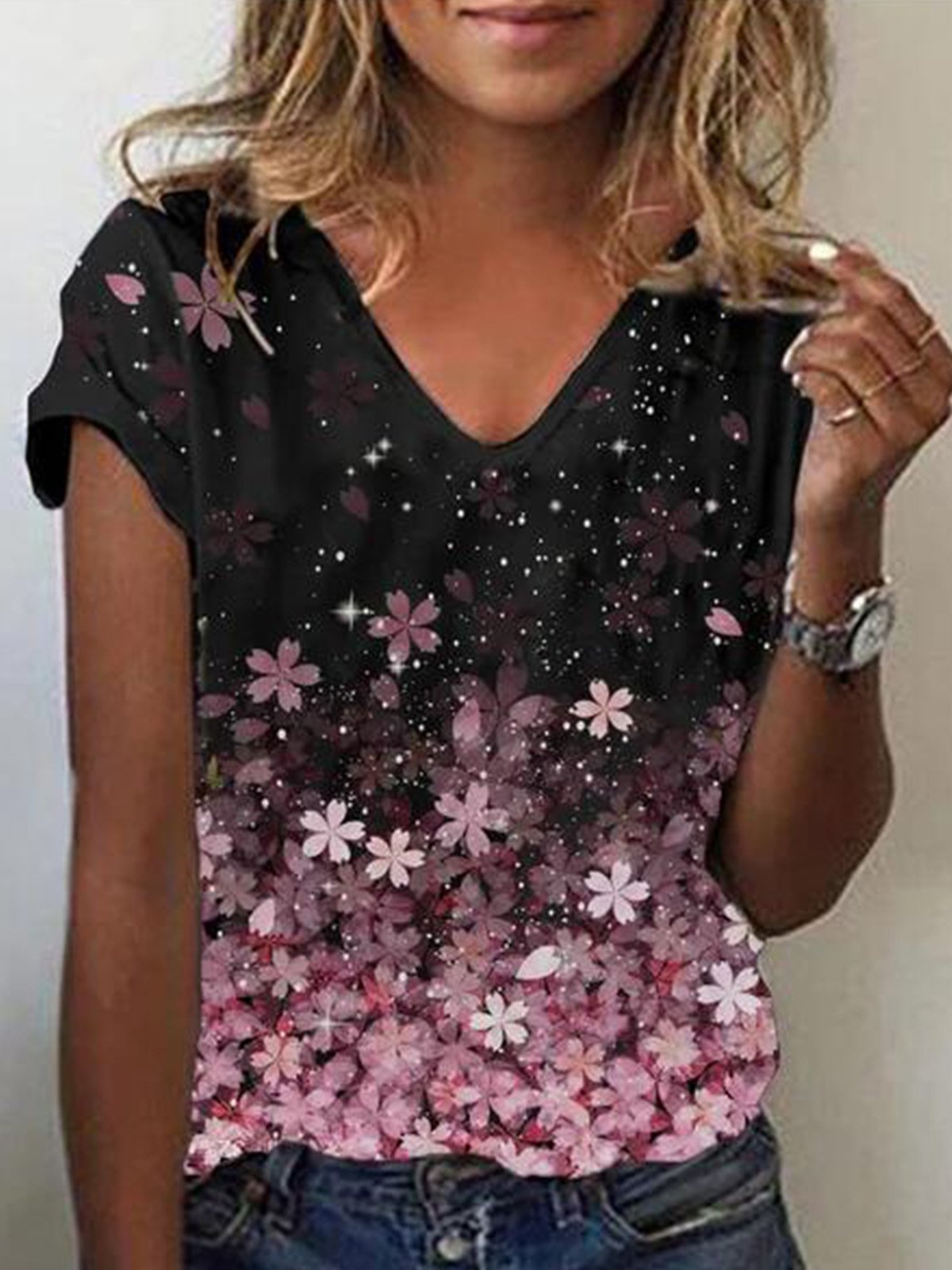 Casual V Neck Floral T-Shirt