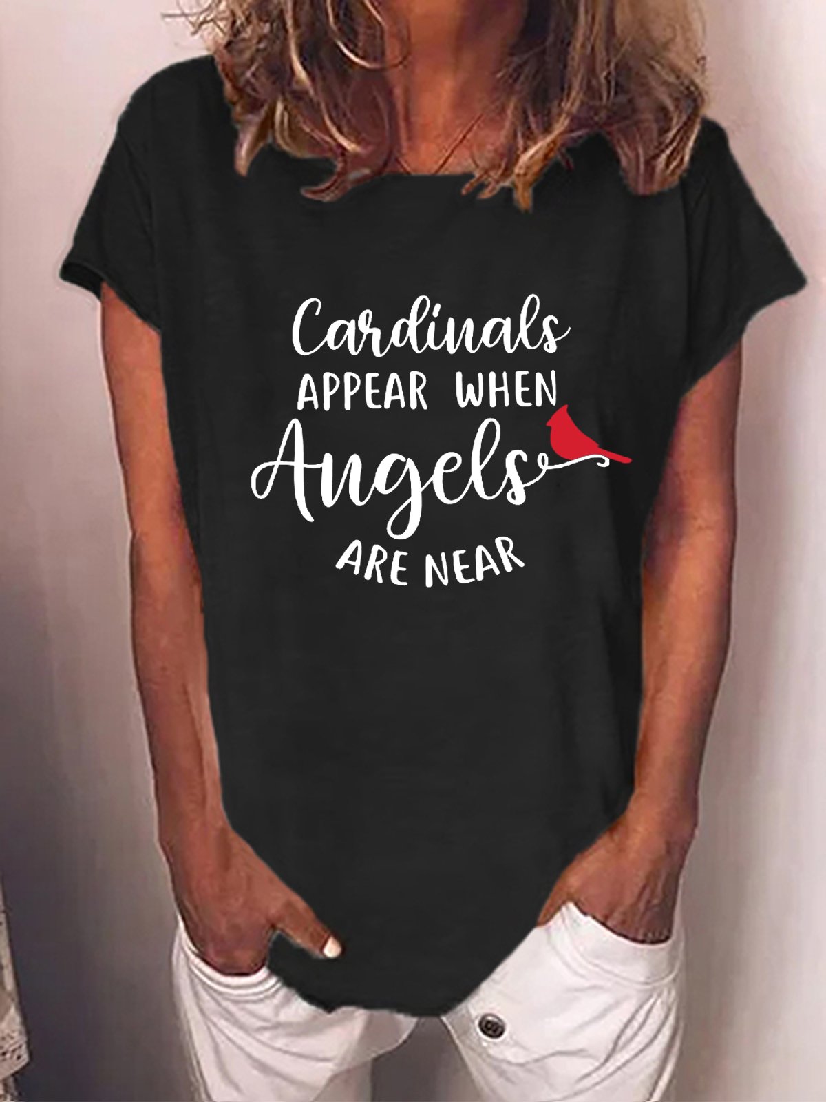 Women Red Bird Graphic Cardinals Appear when Angels are Near Sweet Short Sleeve T-Shirt