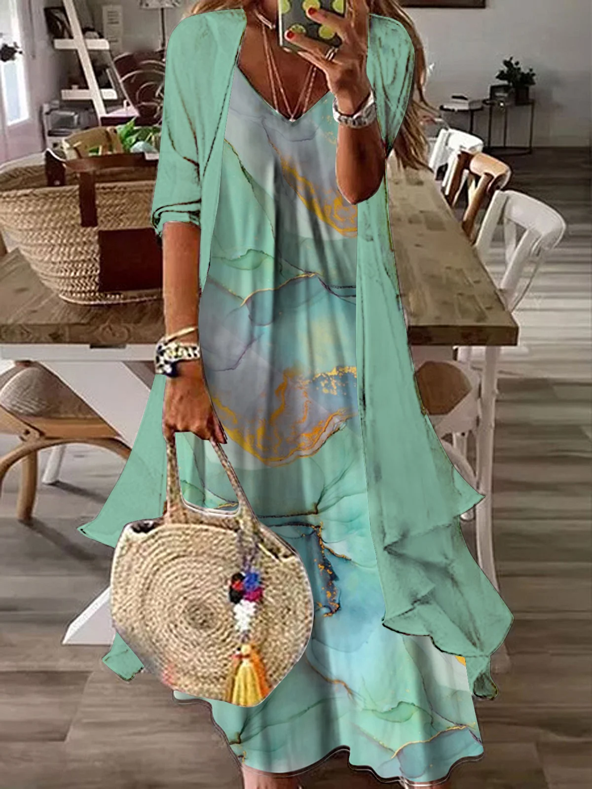 Rainbow gradient marble loose resort beach Chiffon two-piece dress set long