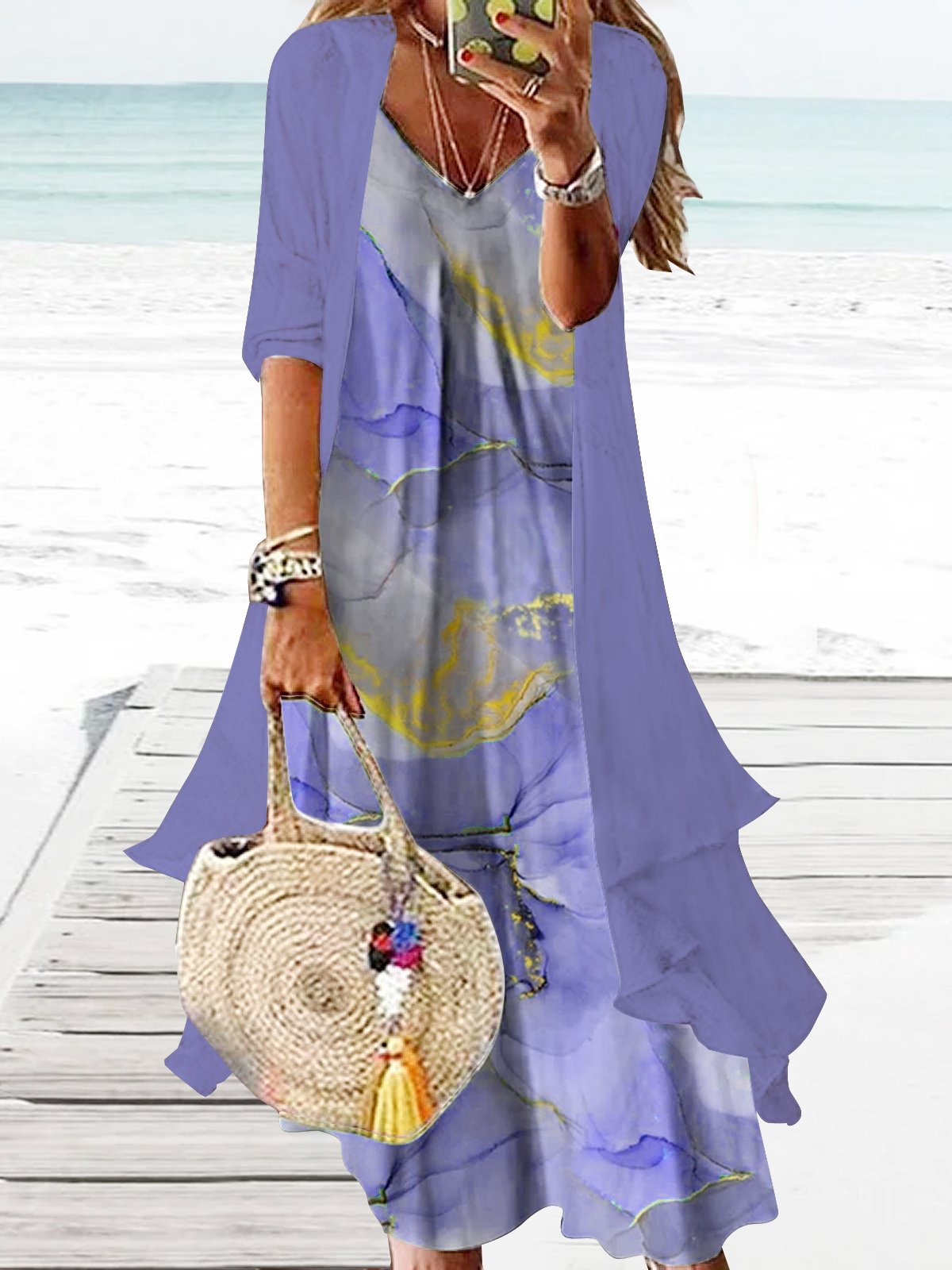 Rainbow gradient marble loose resort beach Chiffon two-piece dress set long