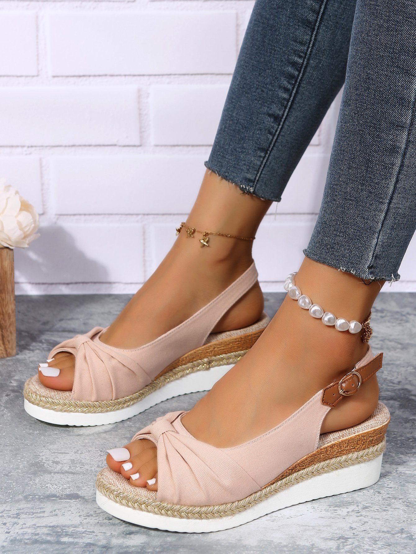 Bow Weave Fish Mouth Wedge Sandals