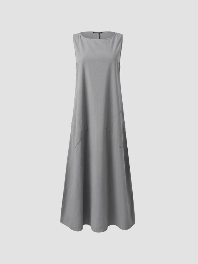 Women's Maxi Dress Pockets Dress Solid Sleeveless Crew Neck