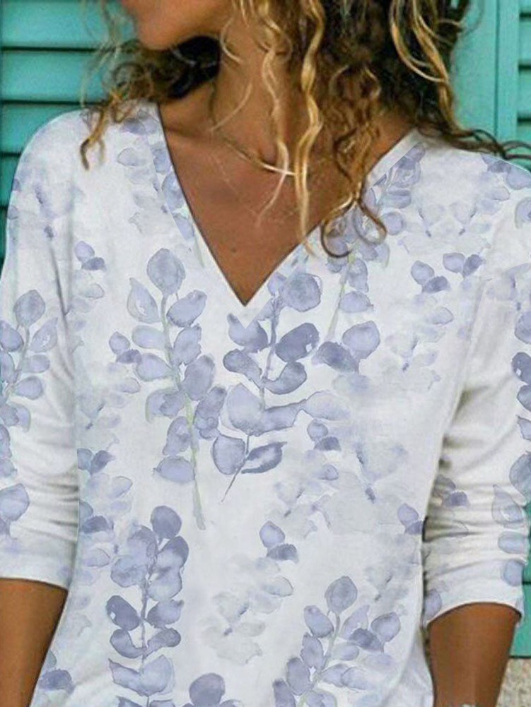 Women Casual Autumn Plants Polyester V neck Regular Fit Regular Off Shoulder Sleeve Medium Elasticity T-shirt