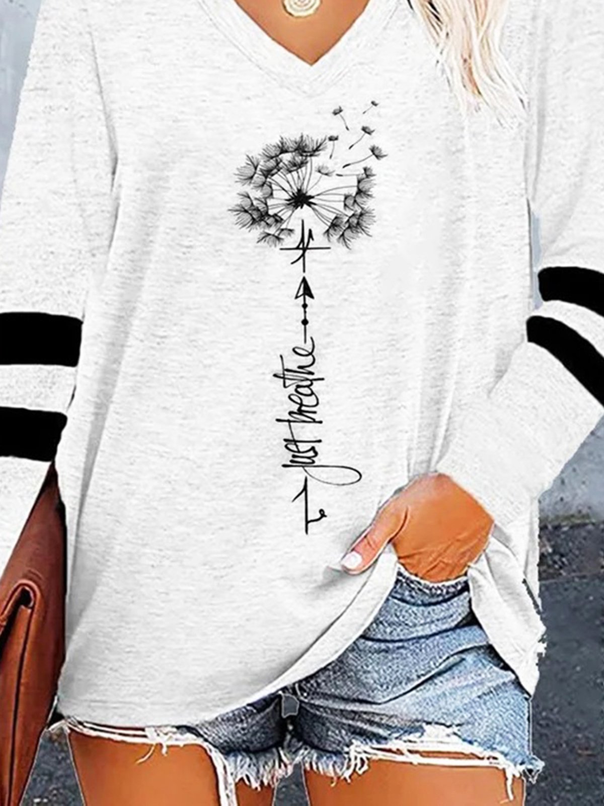 V Neck Dandelion Long Sleeve Loose T-Shirt