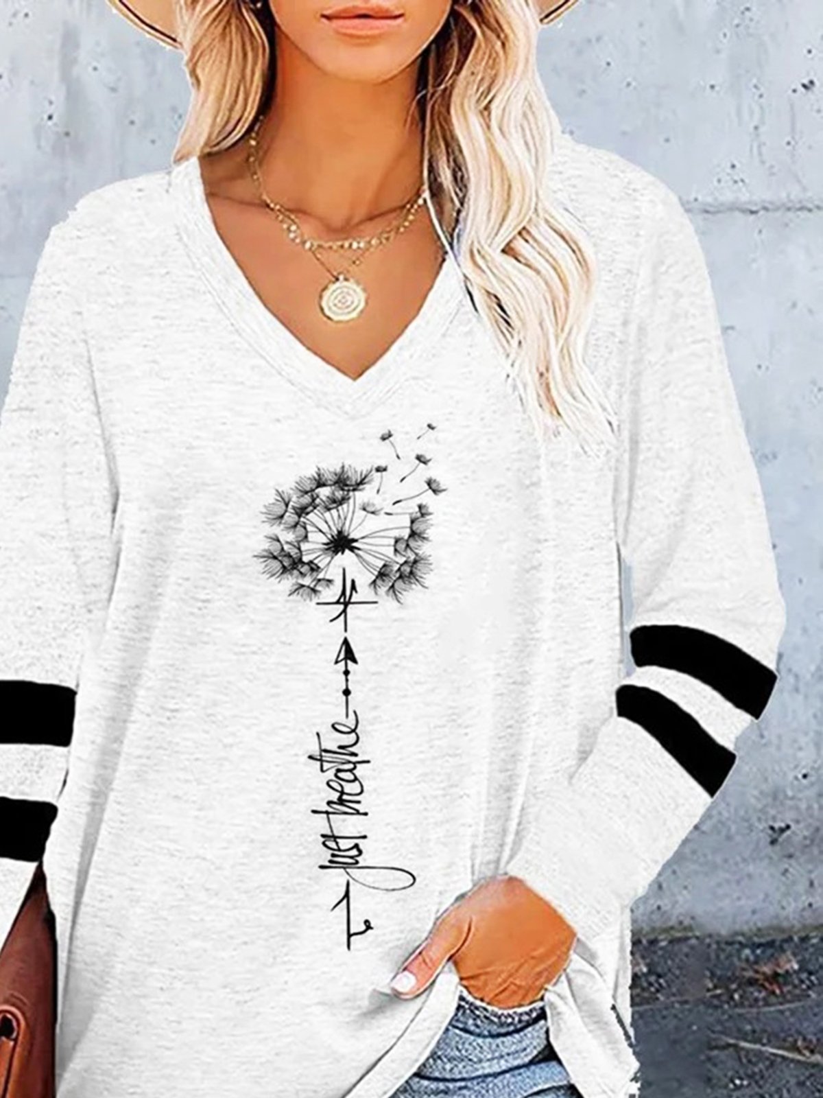 V Neck Dandelion Long Sleeve Loose T-Shirt