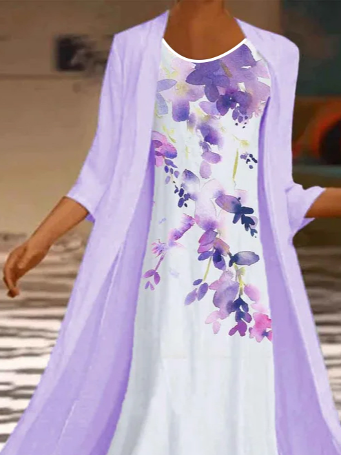 Vacation Casual Floral Printed 3/4 Sleeve Round Neck Maxi Dress Two-piece set
