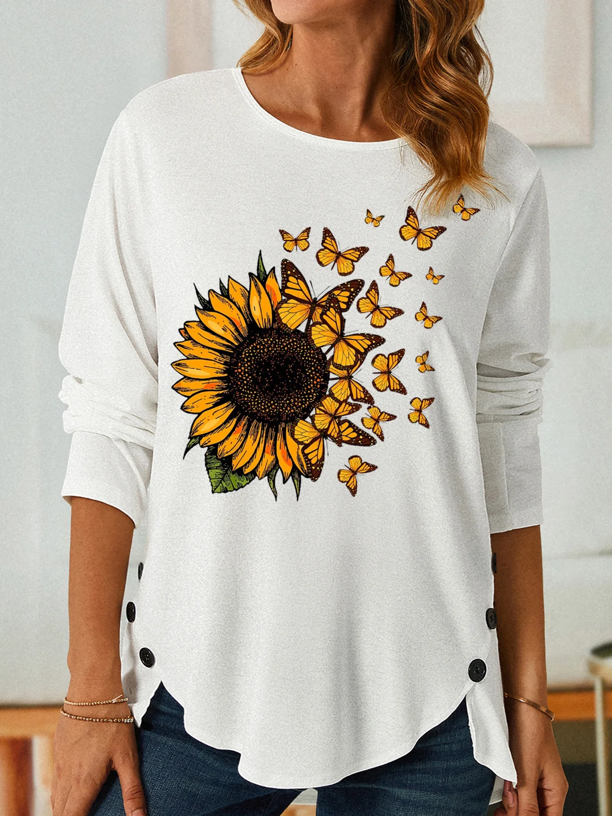 Womens Sunflower Butterfly Crew Neck Casual Top