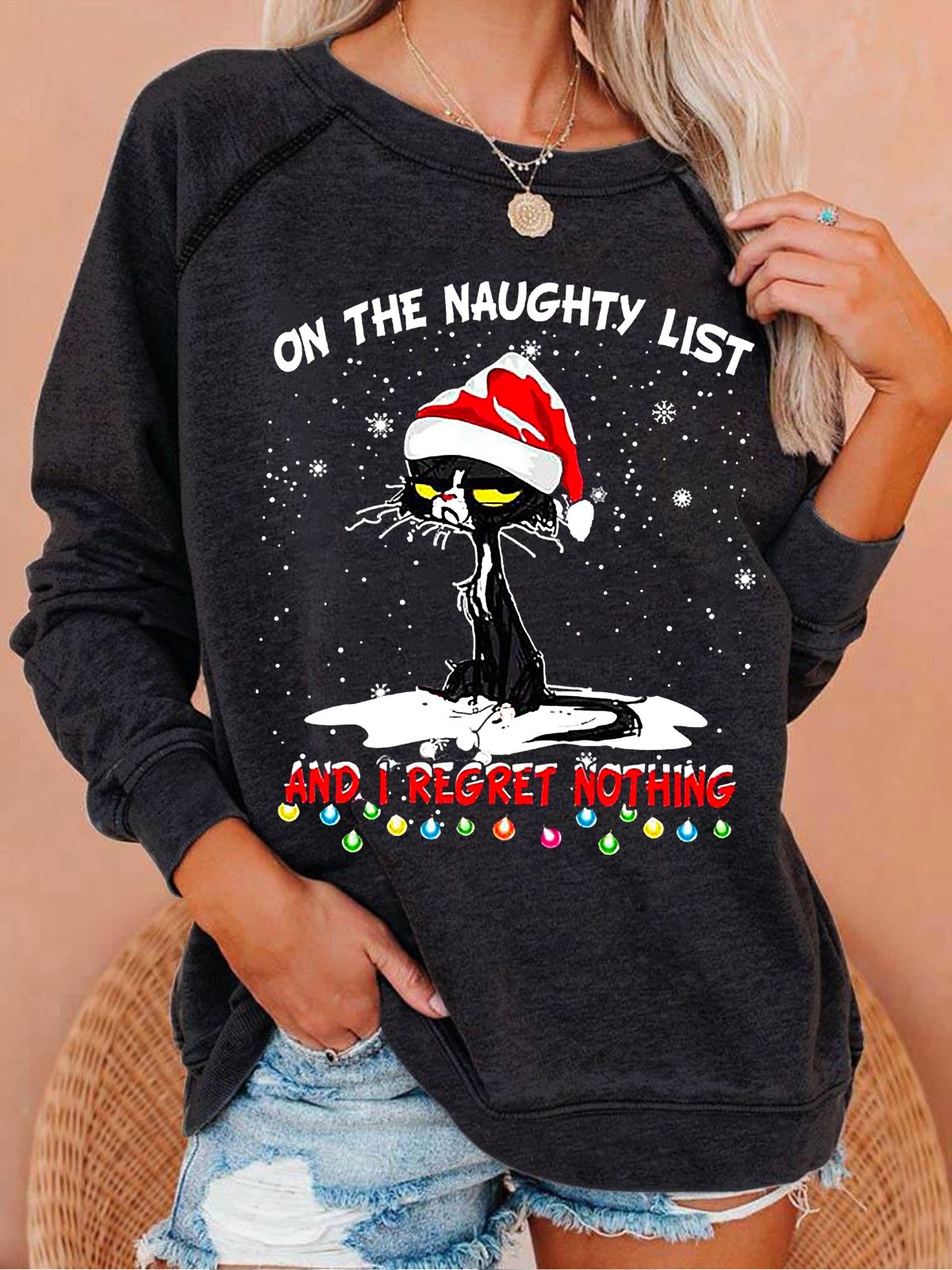 Women Funny Christmas  Cat Graphic Loose Simple Sweatshirt