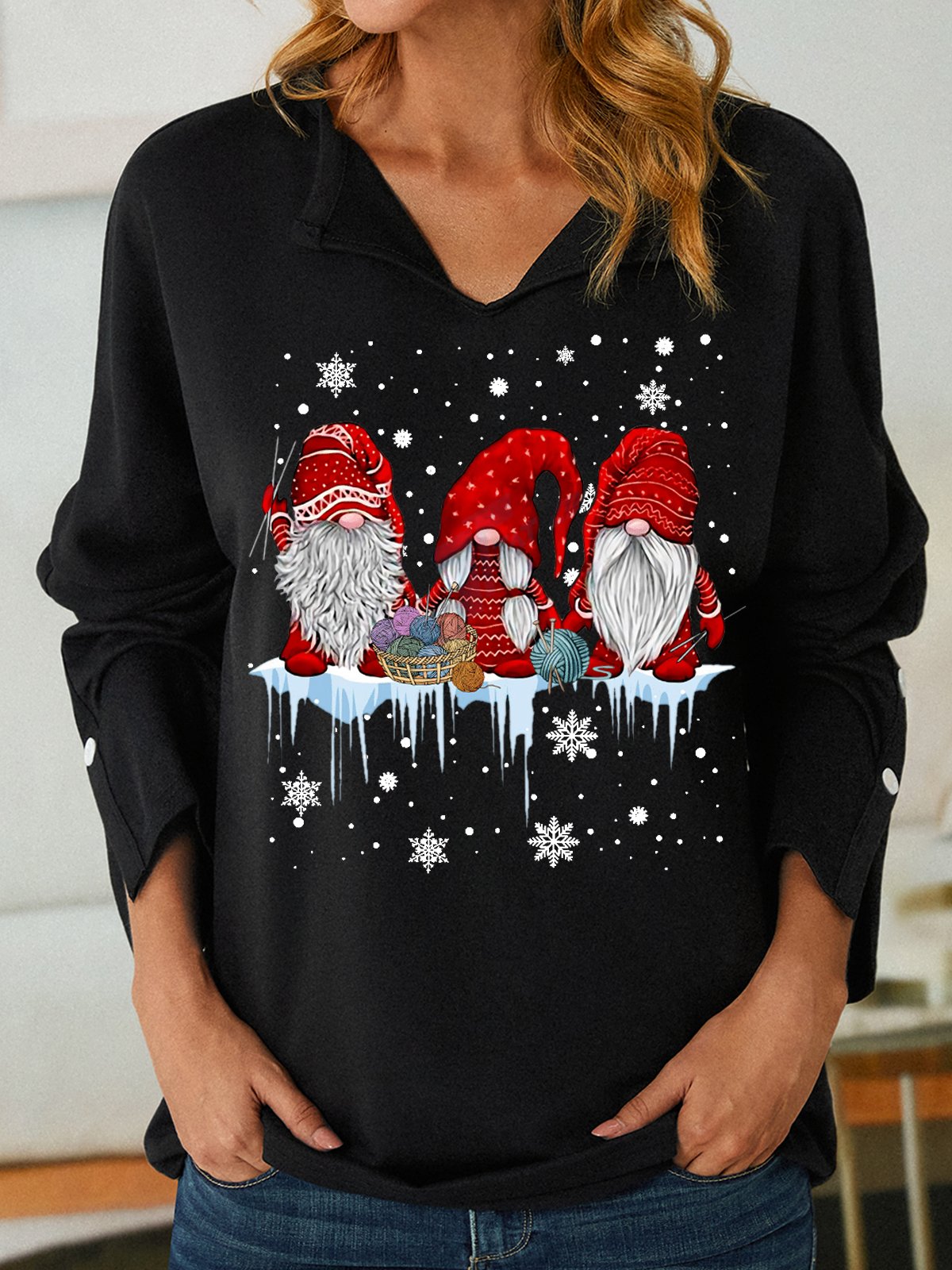 Christmas Graphic Women V Neck Loose Sweatshirt