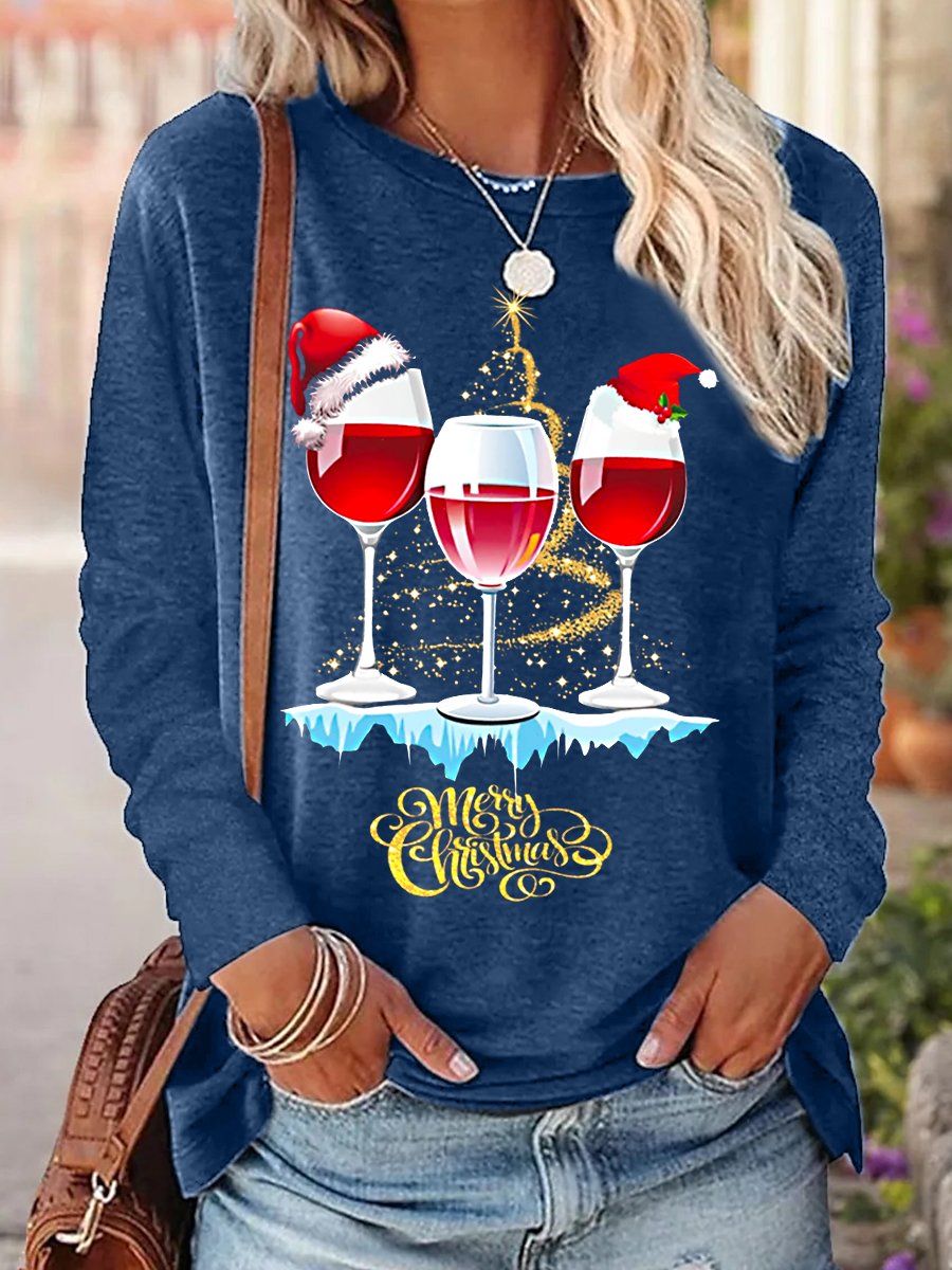 Women Wine Simple Christmas Crew Neck Top