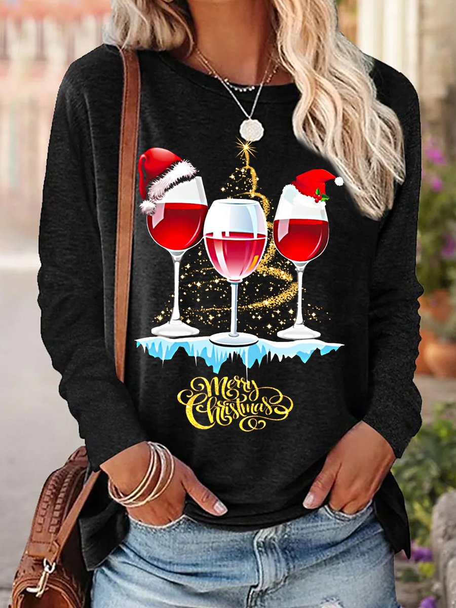 Women Wine Simple Christmas Crew Neck Top