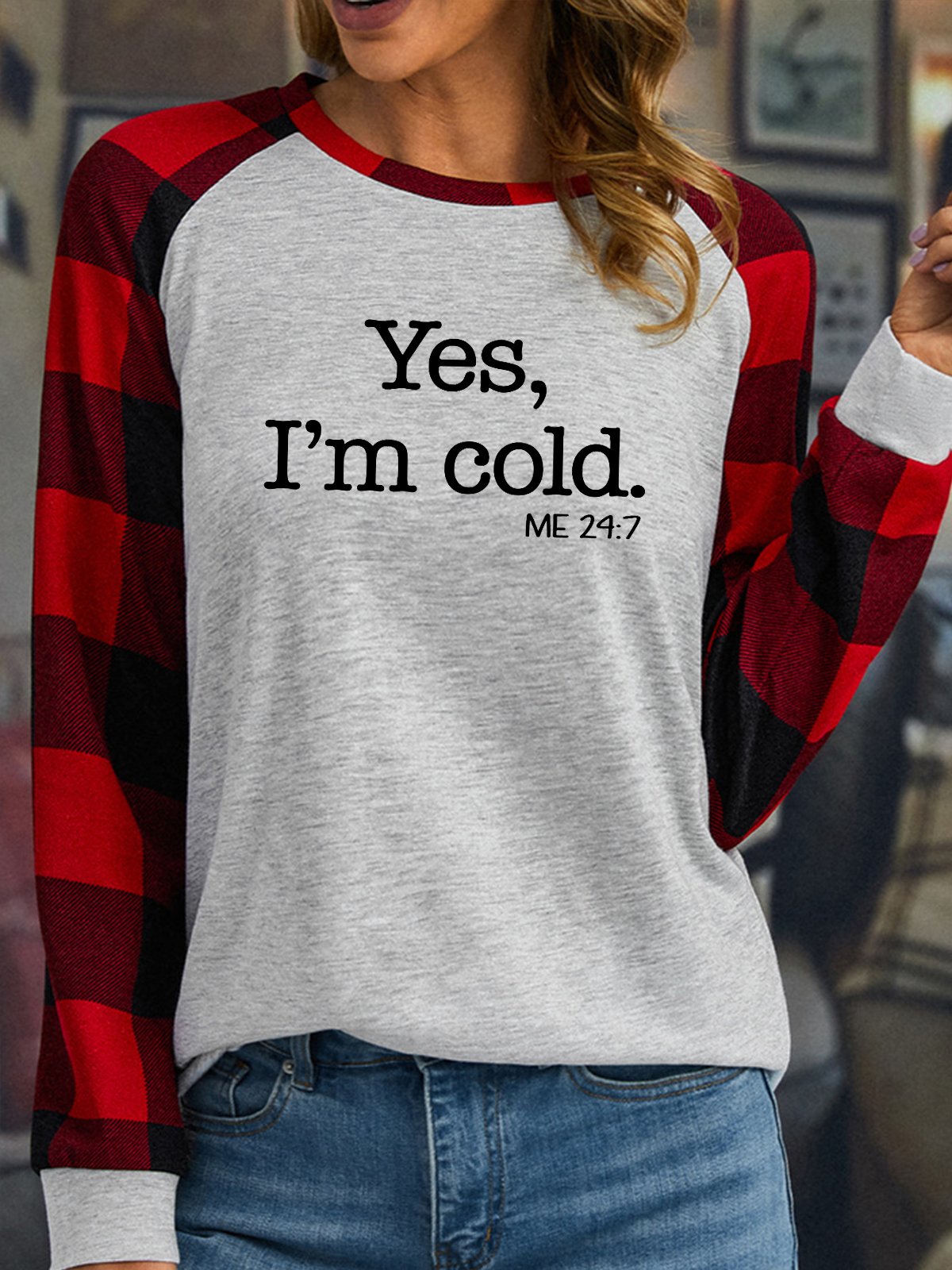 Women's Yes I'm Cold Me 24:7 Funny  Text Letters Crew Neck Loose T-Shirt