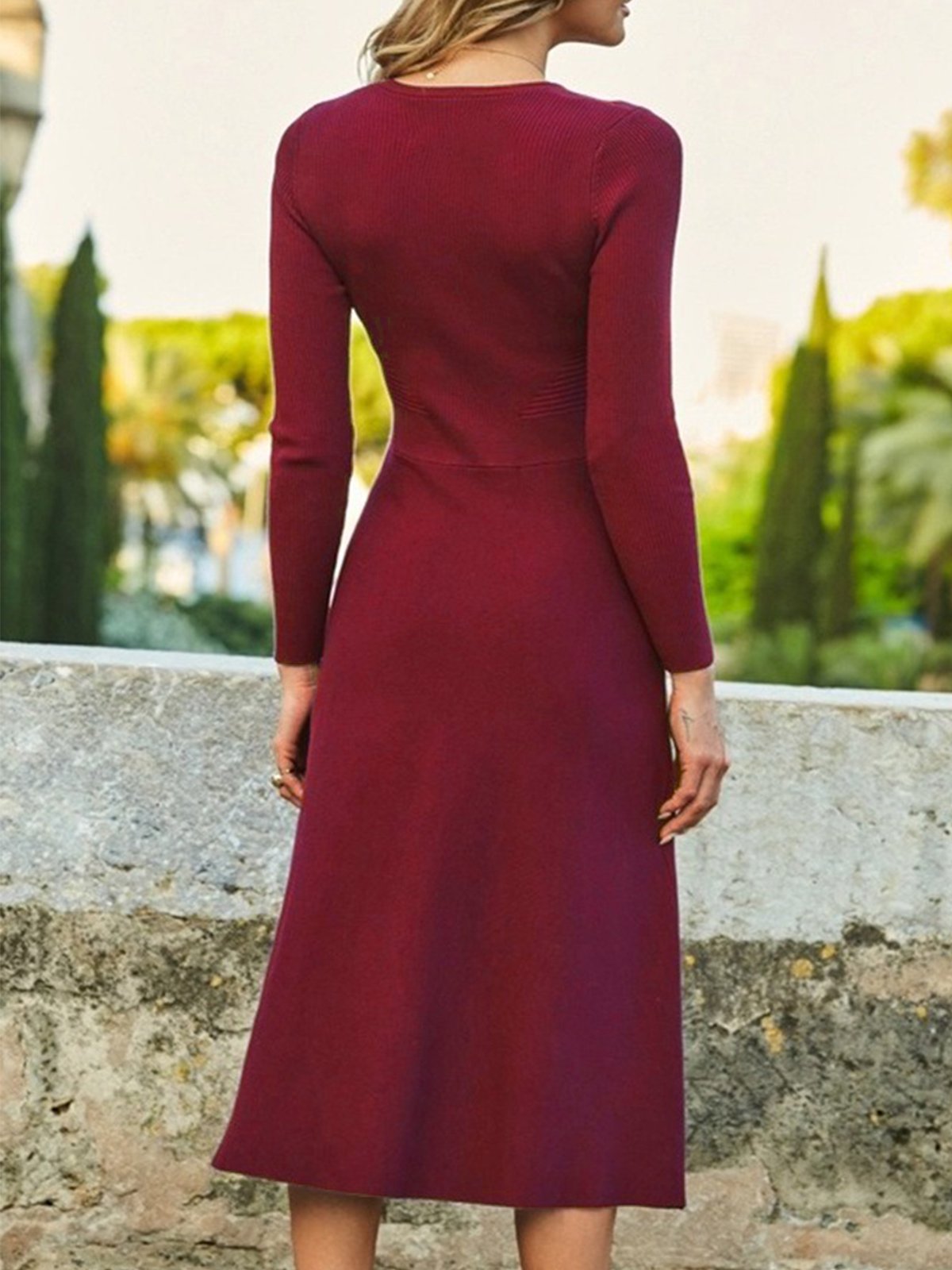 Plain Long Sleeve V Neck Casual Dress