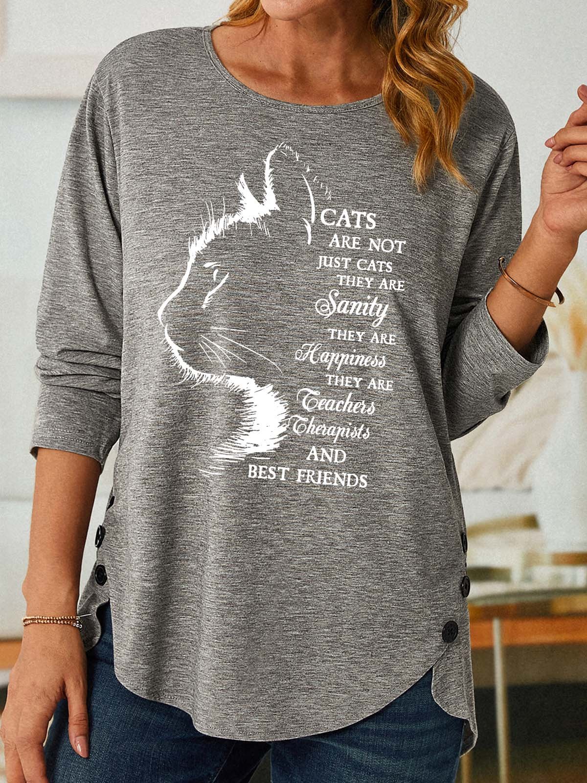 Women Cat Light Letters Loose Casual Top