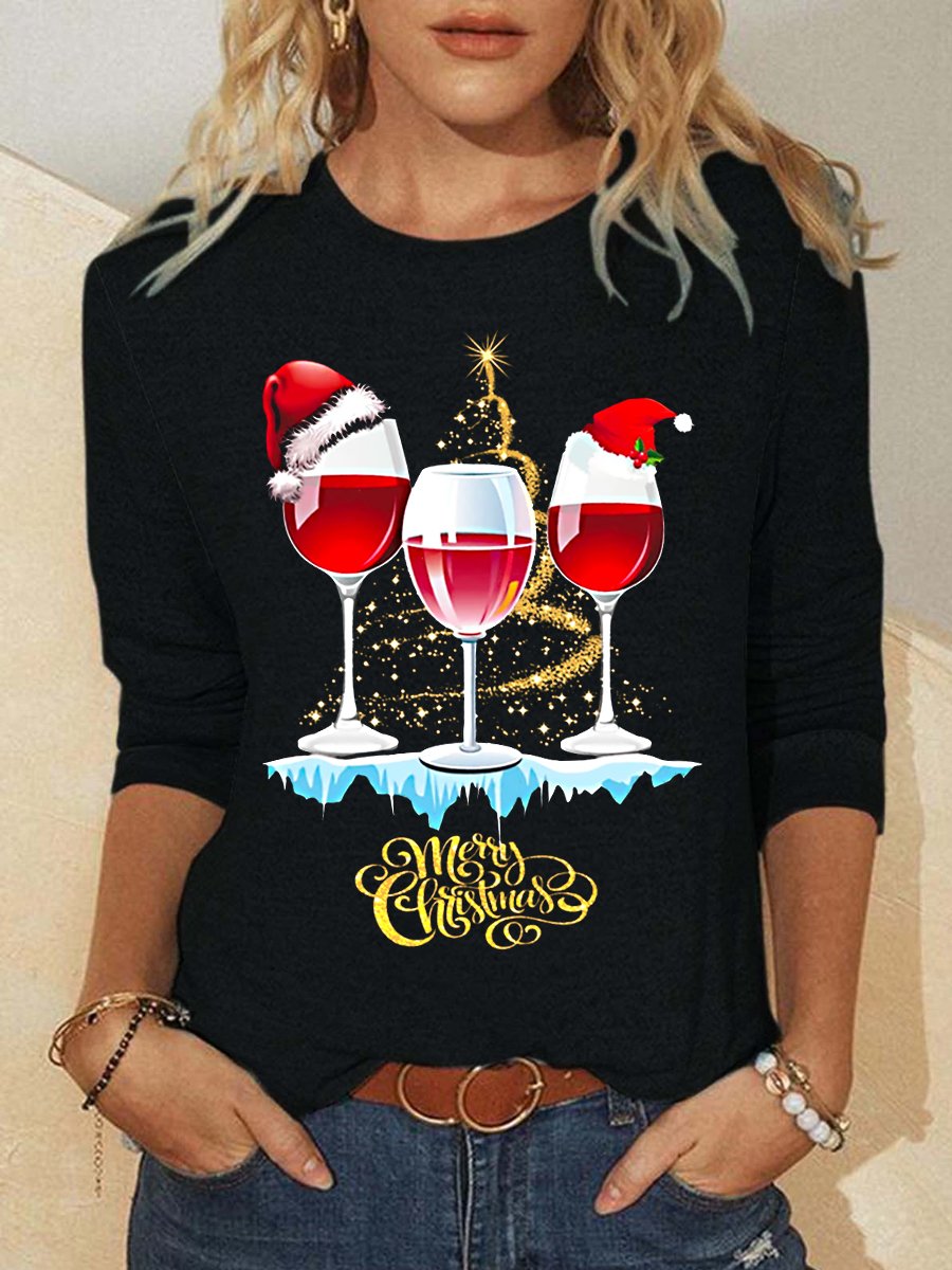 Women Wine Simple Christmas Crew Neck Top