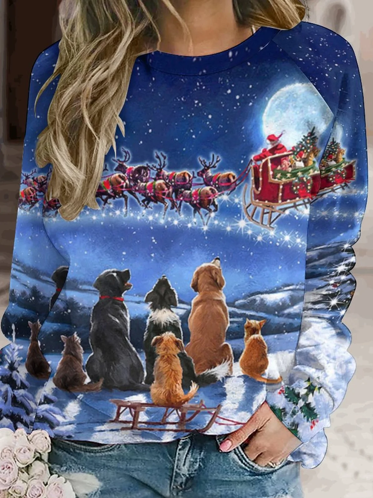 Womens Christmas Santa Dog Painting Crew Neck Sweatshirt